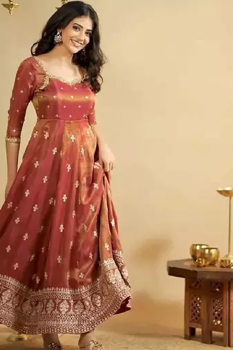 Rust orange silk anarkali set