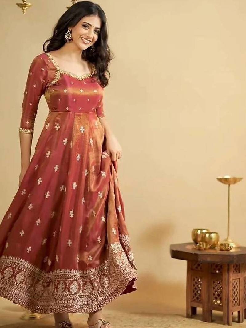 Rust orange silk anarkali set