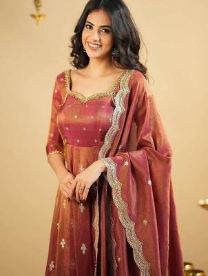 Rust orange silk blend anarkali set 2