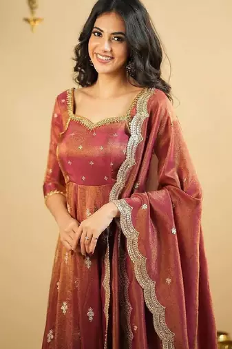 Rust orange silk blend anarkali set
