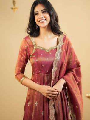 Rust orange silk blend anarkali set 3