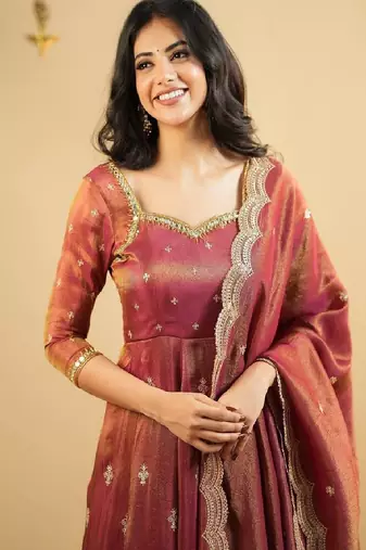 Rust orange silk blend anarkali set