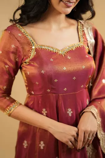 Rust orange silk blend anarkali set