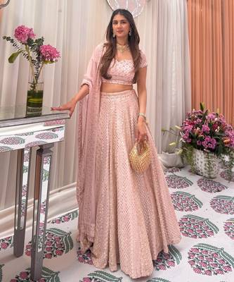 Pink Faux Georgette Sequin Lehenga Choli Set And Blush Floral Embroidered Indian Wedding Wear for Bridesmaids & Mehendi 1