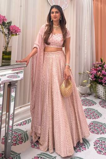 Pink Faux Georgette Sequin Lehenga Choli Set And Blush Floral Embroidered Indian Wedding Wear for Bridesmaids & Mehendi