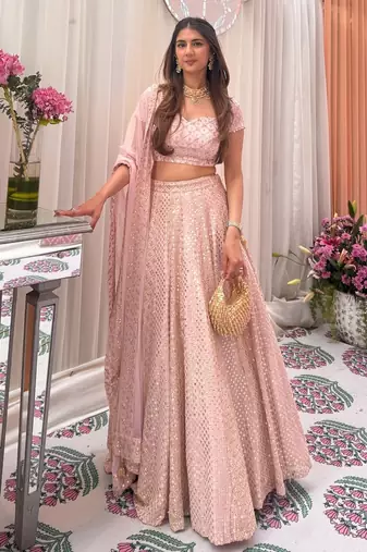 Pink Faux Georgette Sequin Lehenga Choli Set And Blush Floral Embroidered Indian Wedding Wear for Bridesmaids & Mehendi