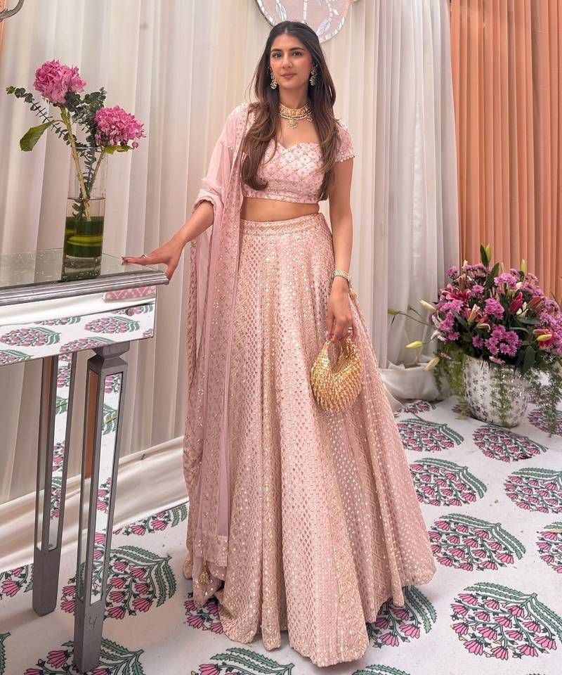 Pink Faux Georgette Sequin Lehenga Choli Set And Blush Floral Embroidered Indian Wedding Wear for Bridesmaids & Mehendi
