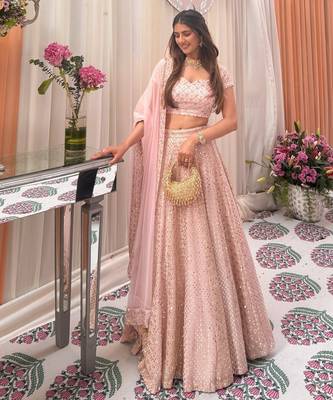 Pink Faux Georgette Sequin Lehenga Choli Set And Blush Floral Embroidered Indian Wedding Wear for Bridesmaids & Mehendi 2