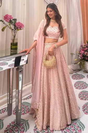 Pink Faux Georgette Sequin Lehenga Choli Set And Blush Floral Embroidered Indian Wedding Wear for Bridesmaids & Mehendi