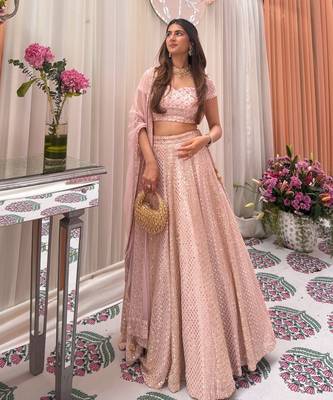 Pink Faux Georgette Sequin Lehenga Choli Set And Blush Floral Embroidered Indian Wedding Wear for Bridesmaids & Mehendi 3