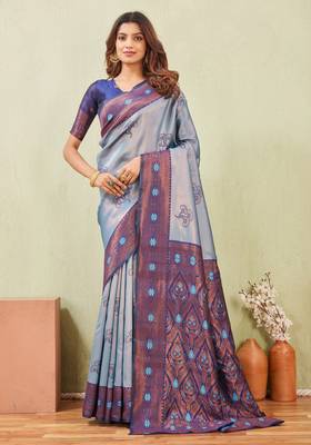 blue rama art silk jacuard work designer party wear saree with unstitched blouse piece 1