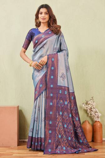 blue rama art silk jacuard work designer party wear saree with unstitched blouse piece