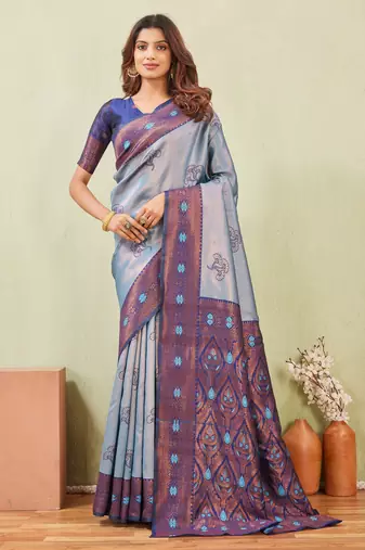 blue rama art silk jacuard work designer party wear saree with unstitched blouse piece