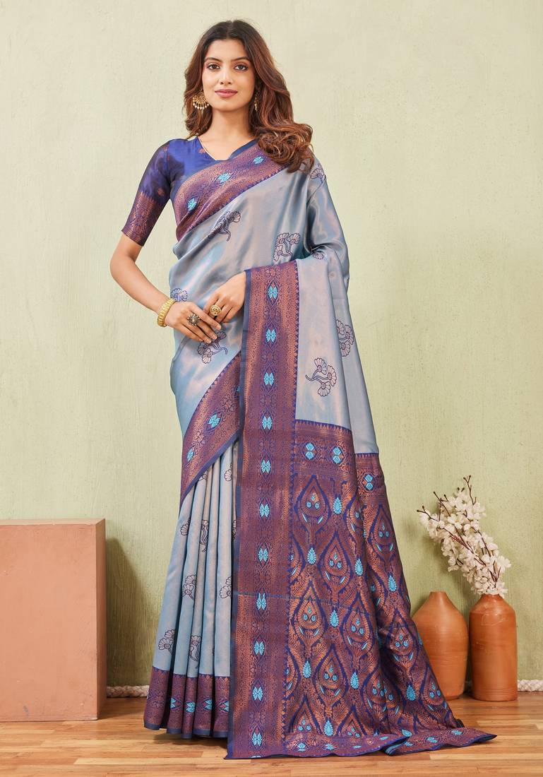 blue rama art silk jacuard work designer party wear saree with unstitched blouse piece