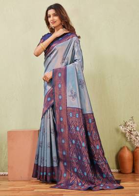 blue rama art silk jacuard work designer party wear saree with unstitched blouse piece 2
