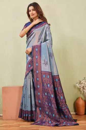 blue rama art silk jacuard work designer party wear saree with unstitched blouse piece