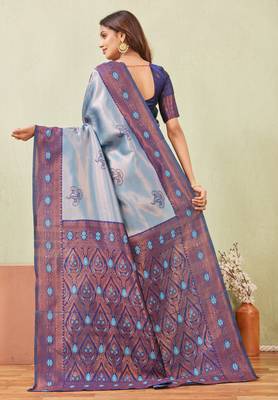 blue rama art silk jacuard work designer party wear saree with unstitched blouse piece 3