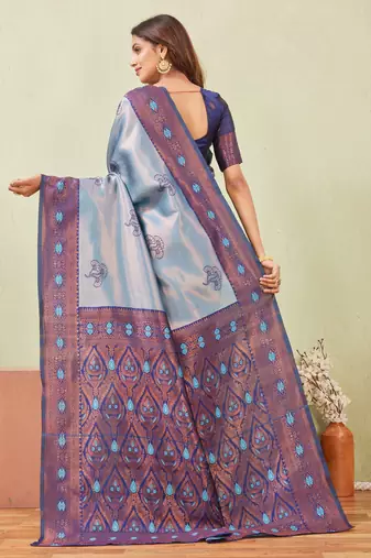 blue rama art silk jacuard work designer party wear saree with unstitched blouse piece