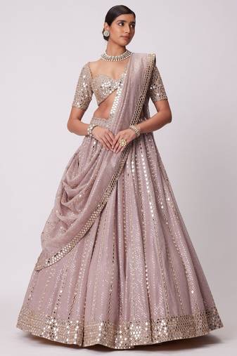 Ashpink Organza Sequin And Paper Mirror Work Lehenga Choli For Wedding