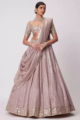 Ashpink Organza Sequin And Paper Mirror Work Lehenga Choli For Wedding