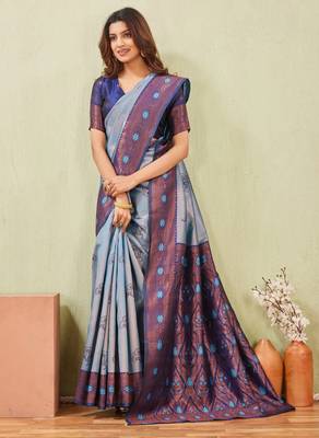 blue rama art silk jacuard work designer party wear saree with unstitched blouse piece 4