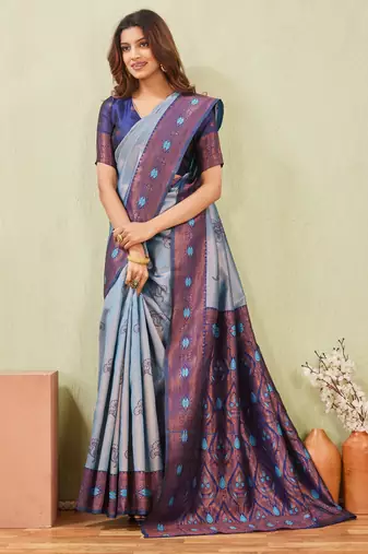 blue rama art silk jacuard work designer party wear saree with unstitched blouse piece