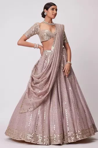 Ashpink Organza Sequin And Paper Mirror Work Lehenga Choli For Wedding