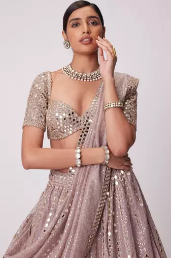 Ashpink Organza Sequin And Paper Mirror Work Lehenga Choli For Wedding