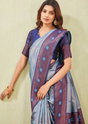 blue rama art silk jacuard work designer party wear saree with unstitched blouse piece 5