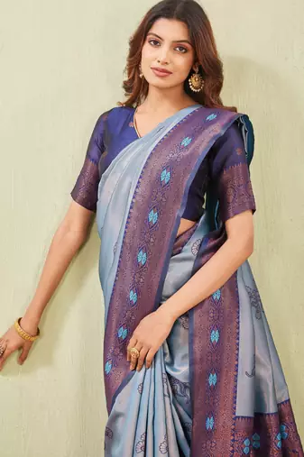 blue rama art silk jacuard work designer party wear saree with unstitched blouse piece