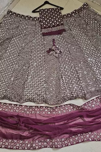 Purple Faux Georgette Sequin Lehenga Choli Set And Blush Floral Embroidered Indian Wedding Wear for Bridesmaids