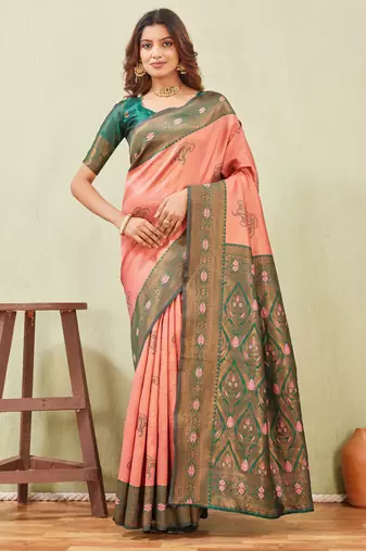 green gajri art silk jacuard work designer party wear saree with unstitched blouse piece