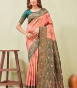 green gajri art silk jacuard work designer party wear saree with unstitched blouse piece