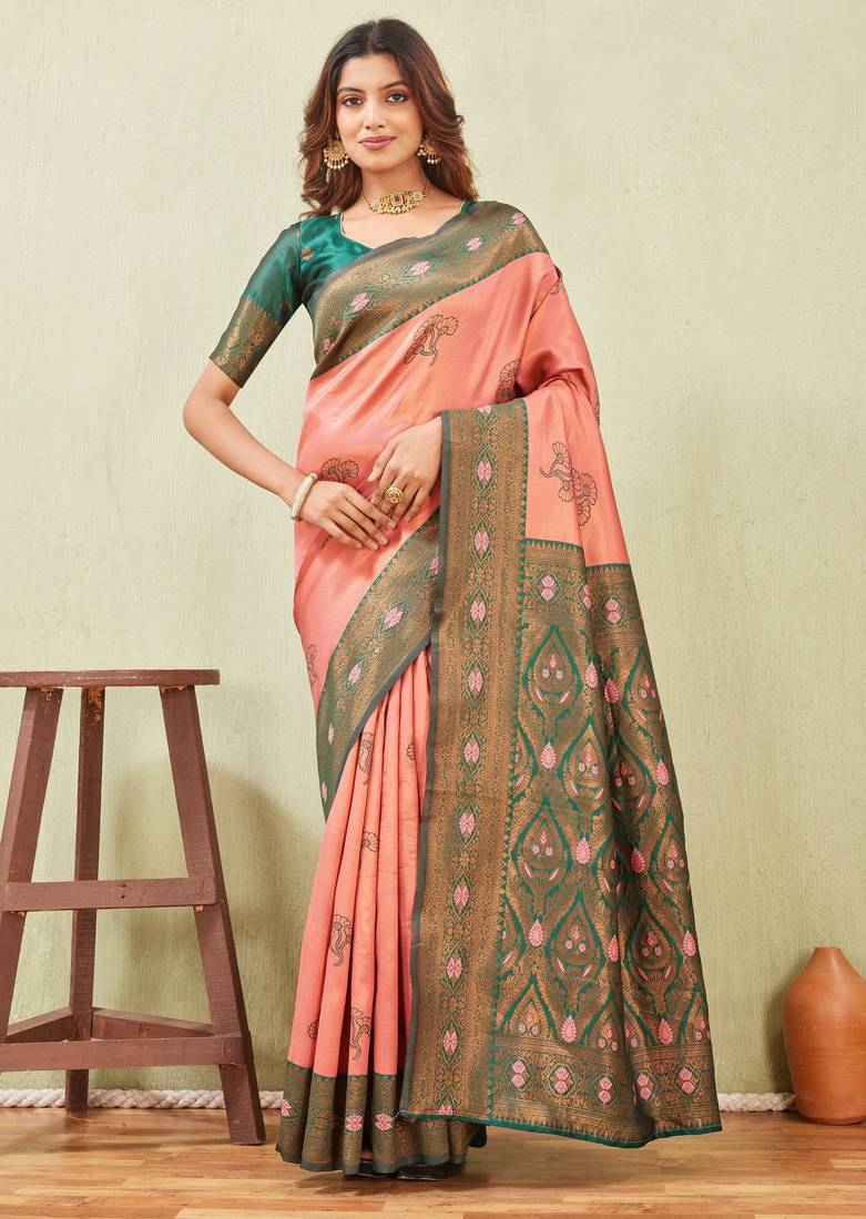 green gajri art silk jacuard work designer party wear saree with unstitched blouse piece