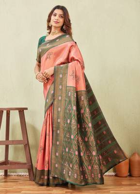 green gajri art silk jacuard work designer party wear saree with unstitched blouse piece 2