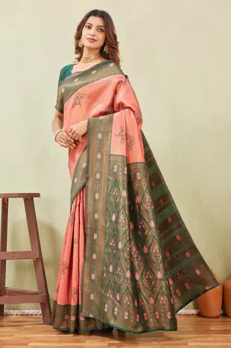 green gajri art silk jacuard work designer party wear saree with unstitched blouse piece