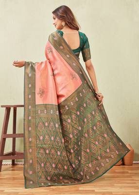 green gajri art silk jacuard work designer party wear saree with unstitched blouse piece 3