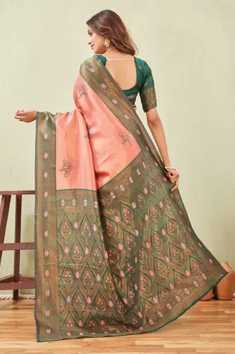 green gajri art silk jacuard work designer party wear saree with unstitched blouse piece