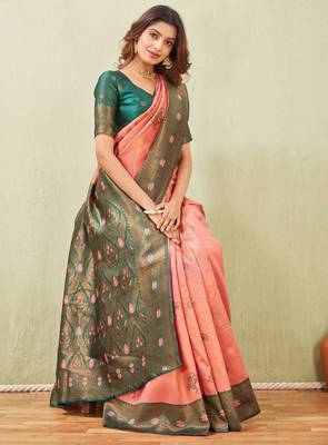 green gajri art silk jacuard work designer party wear saree with unstitched blouse piece 4