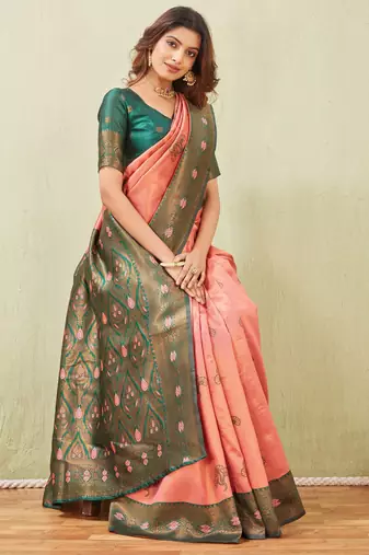 green gajri art silk jacuard work designer party wear saree with unstitched blouse piece