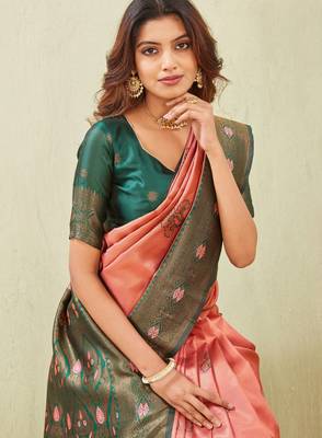 green gajri art silk jacuard work designer party wear saree with unstitched blouse piece 5