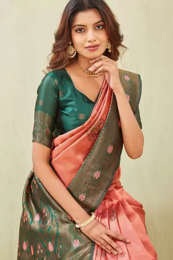 green gajri art silk jacuard work designer party wear saree with unstitched blouse piece