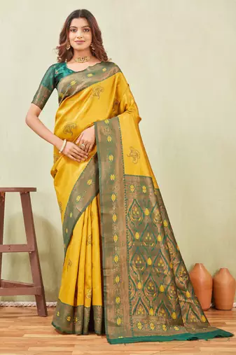 green gold art silk jacuard work designer party wear saree with unstitched blouse piece