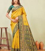 green gold art silk jacuard work designer party wear saree with unstitched blouse piece
