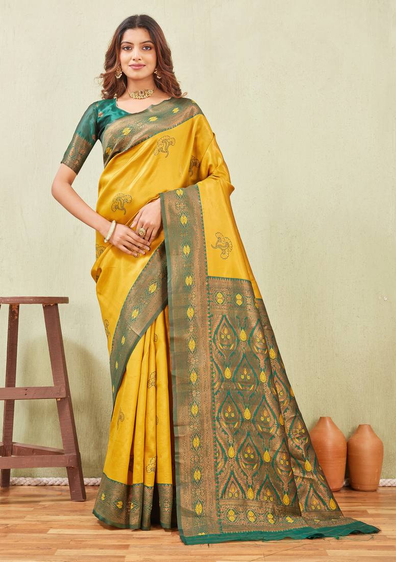 green gold art silk jacuard work designer party wear saree with unstitched blouse piece