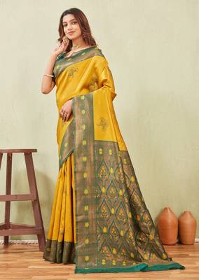 green gold art silk jacuard work designer party wear saree with unstitched blouse piece 2