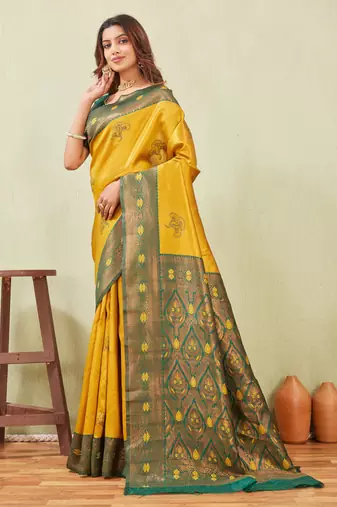 green gold art silk jacuard work designer party wear saree with unstitched blouse piece