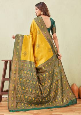green gold art silk jacuard work designer party wear saree with unstitched blouse piece 3