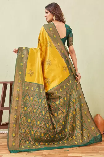 green gold art silk jacuard work designer party wear saree with unstitched blouse piece