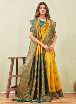 green gold art silk jacuard work designer party wear saree with unstitched blouse piece 4